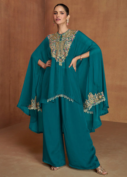 Teal Embroidered Jacket Style Palazzo Suit
