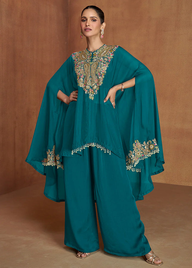 Teal Embroidered Jacket Style Palazzo Suit