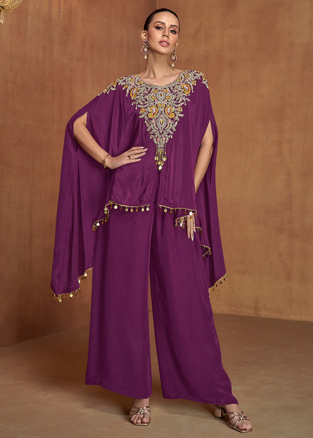 Purple Embroidered Jacket Style Palazzo Suit