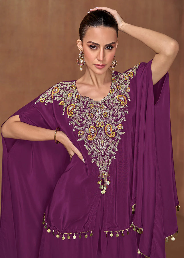 Purple Embroidered Jacket Style Palazzo Suit