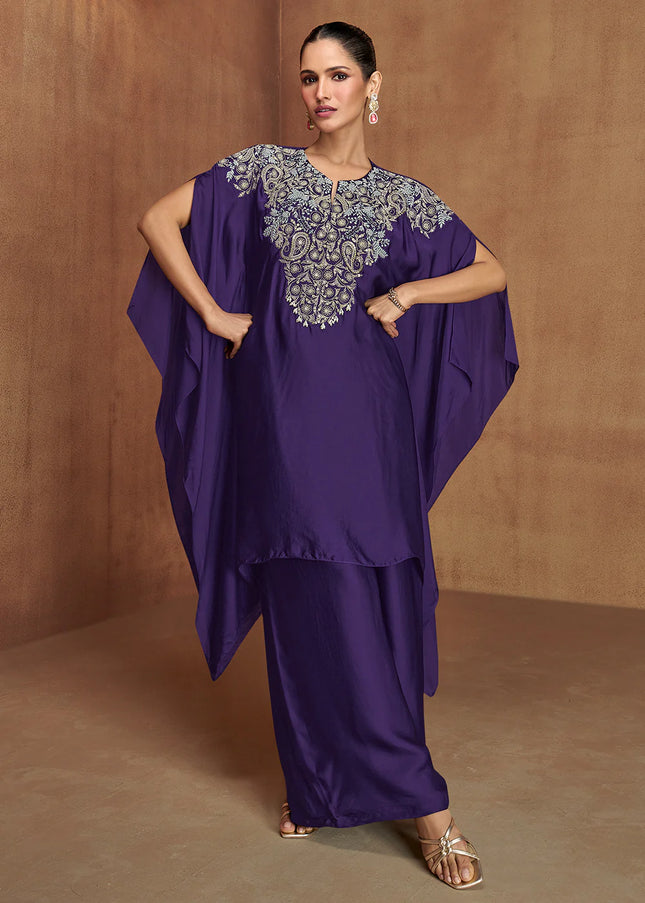 Violet Embroidered Jacket Style Palazzo Suit