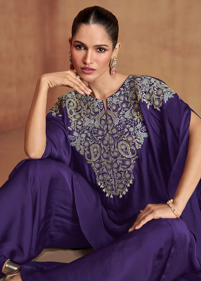 Violet Embroidered Jacket Style Palazzo Suit