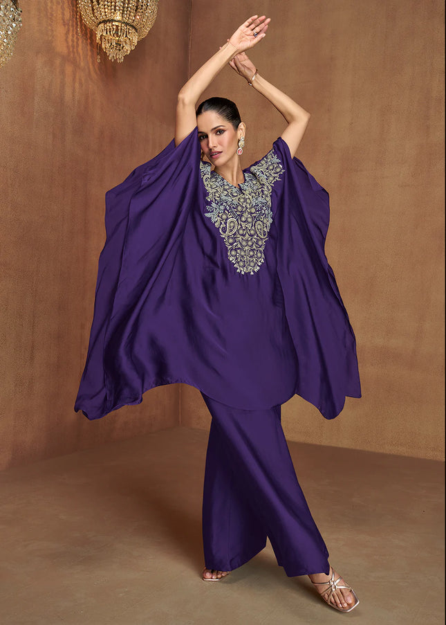 Violet Embroidered Jacket Style Palazzo Suit