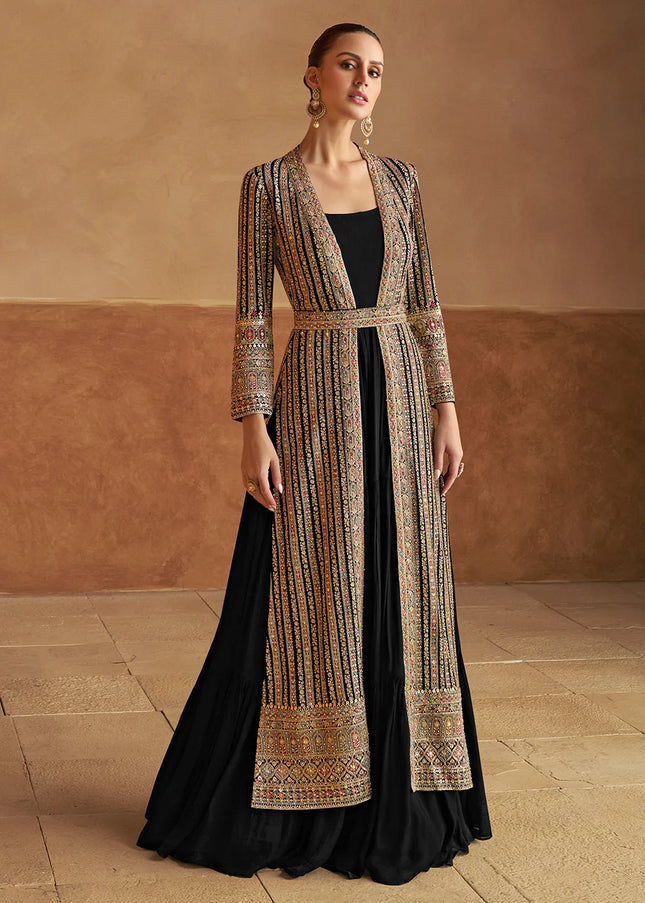 Black Embroidered Jacket Style Anarkali Gown