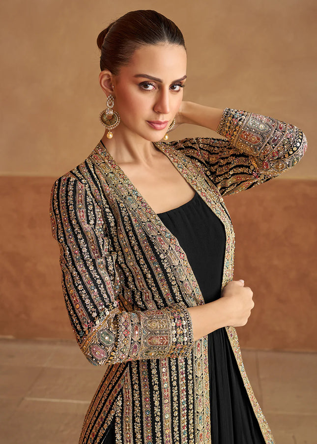 Black Embroidered Jacket Style Anarkali Gown