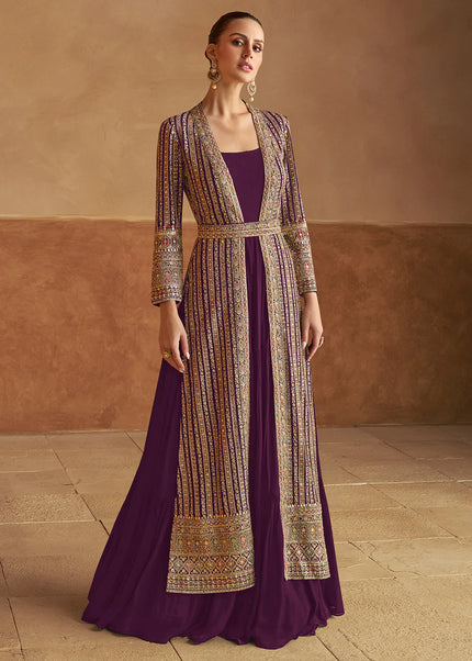 Purple Embroidered Jacket Style Anarkali Gown