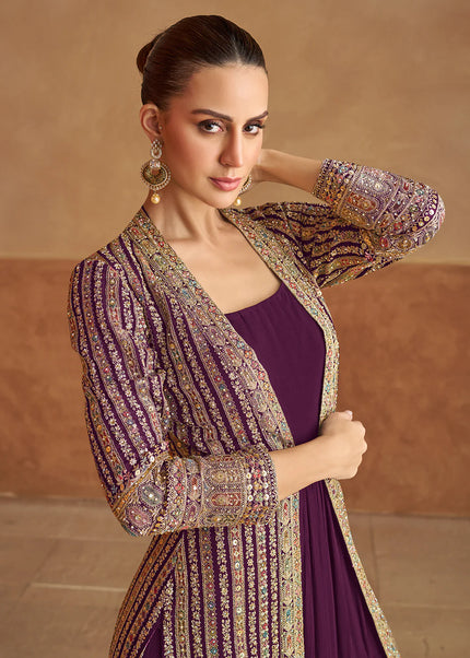 Purple Embroidered Jacket Style Anarkali Gown