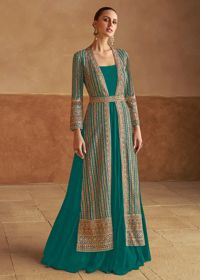 Teal Embroidered Jacket Style Anarkali Gown
