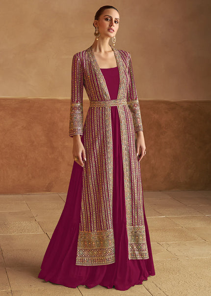 Maroon Embroidered Jacket Style Anarkali Gown