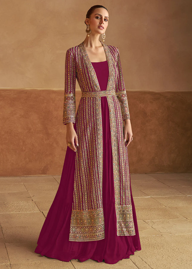 Maroon Embroidered Jacket Style Anarkali Gown