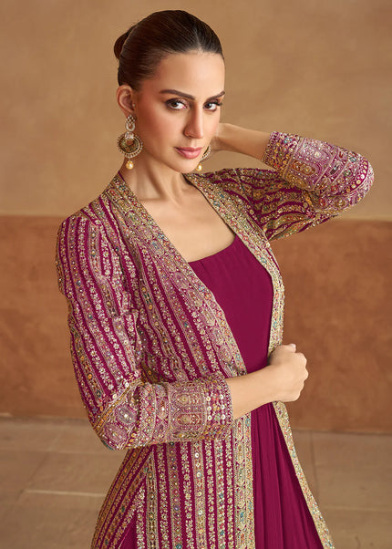 Maroon Embroidered Jacket Style Anarkali Gown
