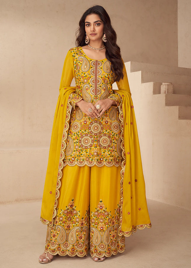 Yellow Embroidered Sharara Suit