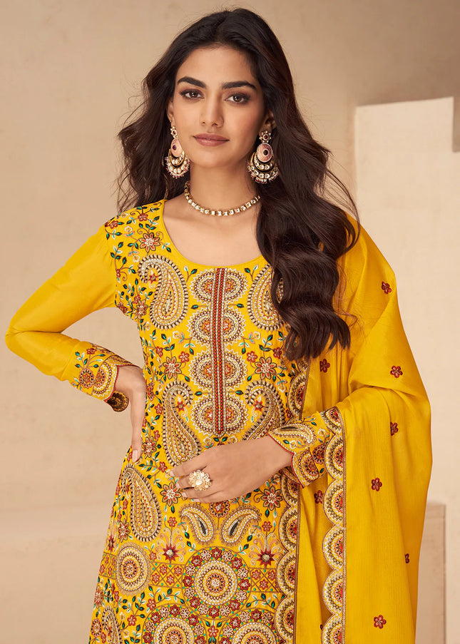 Yellow Embroidered Sharara Suit