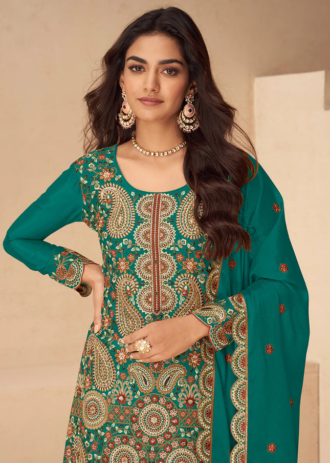 Green Embroidered Sharara Suit