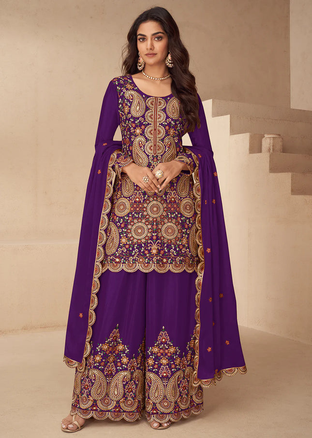 Purple Embroidered Sharara Suit