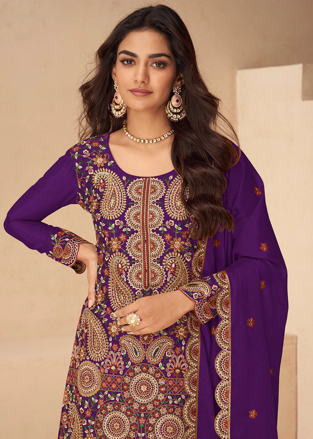 Purple Embroidered Sharara Suit