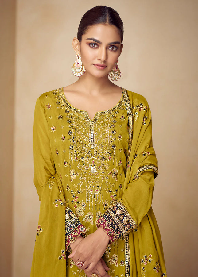 Mustard Yellow Embroidered Sharara Suit