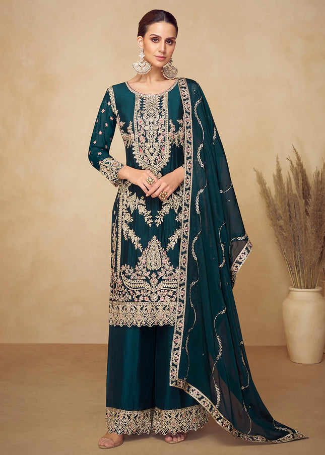 Teal Embroidered Sharara Suit
