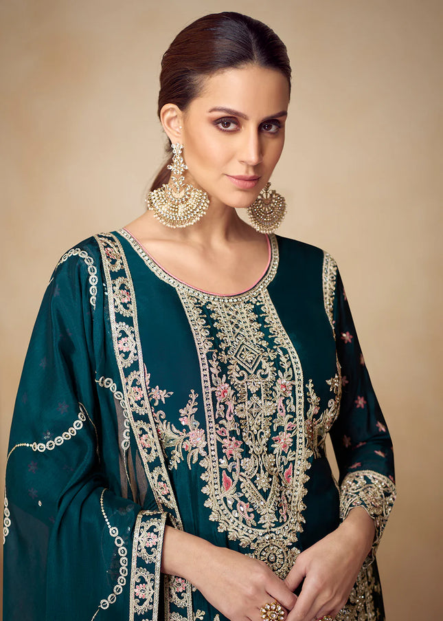 Teal Embroidered Sharara Suit