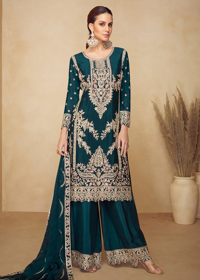 Teal Embroidered Sharara Suit