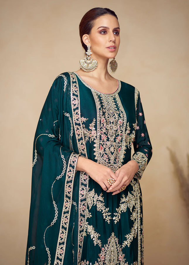 Teal Embroidered Sharara Suit