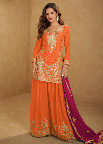 Orange Embroidered Sharara Suit