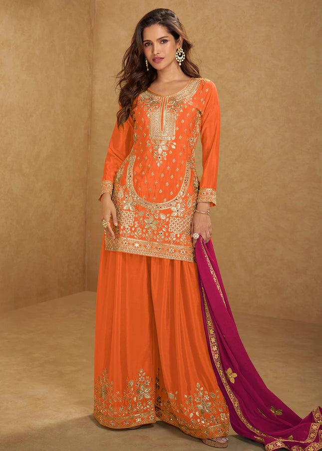 Orange Embroidered Sharara Suit