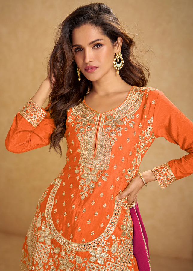 Orange Embroidered Sharara Suit