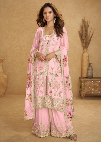 Pink Printed and Embroidered Palazzo Suit