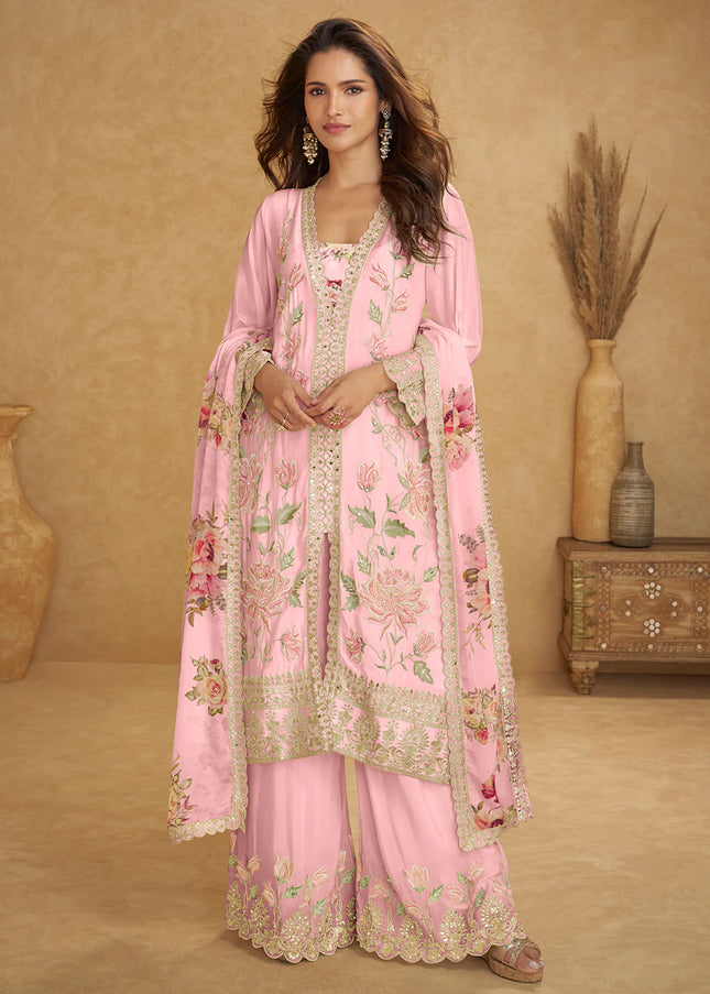 Pink Printed and Embroidered Palazzo Suit