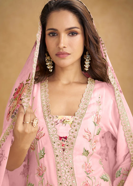 Pink Printed and Embroidered Palazzo Suit