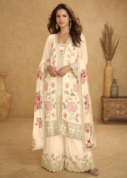 Cream Printed and Embroidered Palazzo Suit