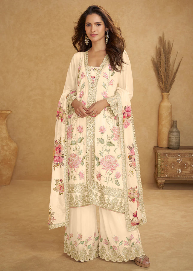 Cream Printed and Embroidered Palazzo Suit