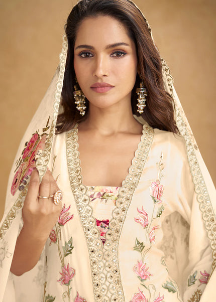Cream Printed and Embroidered Palazzo Suit