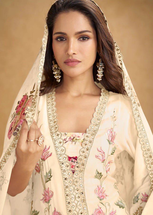 Cream Printed and Embroidered Palazzo Suit