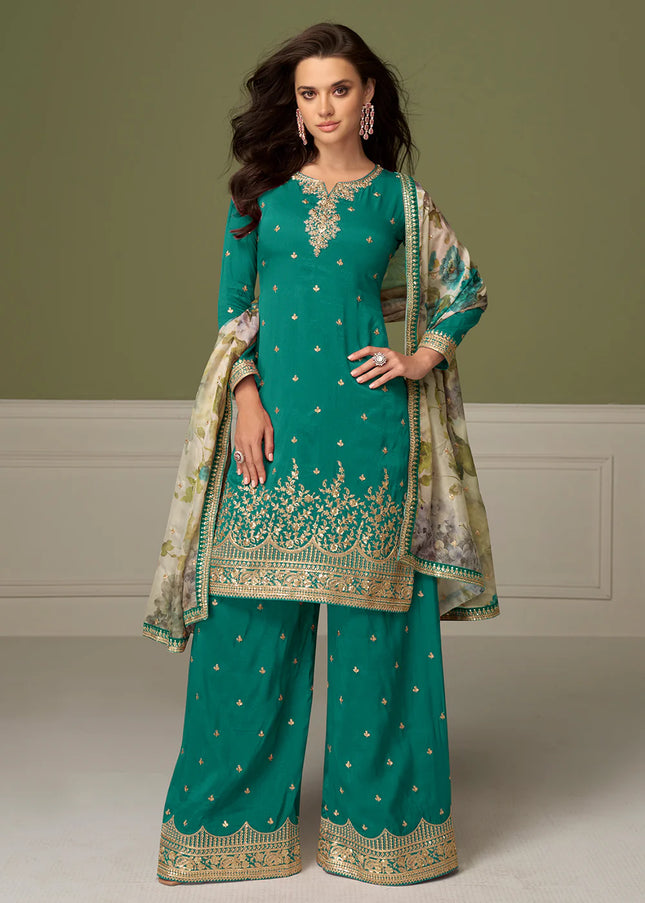 Teal Embroidered Pant Style Suit