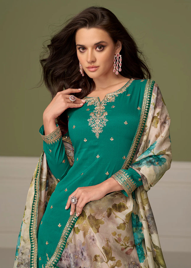 Teal Embroidered Pant Style Suit