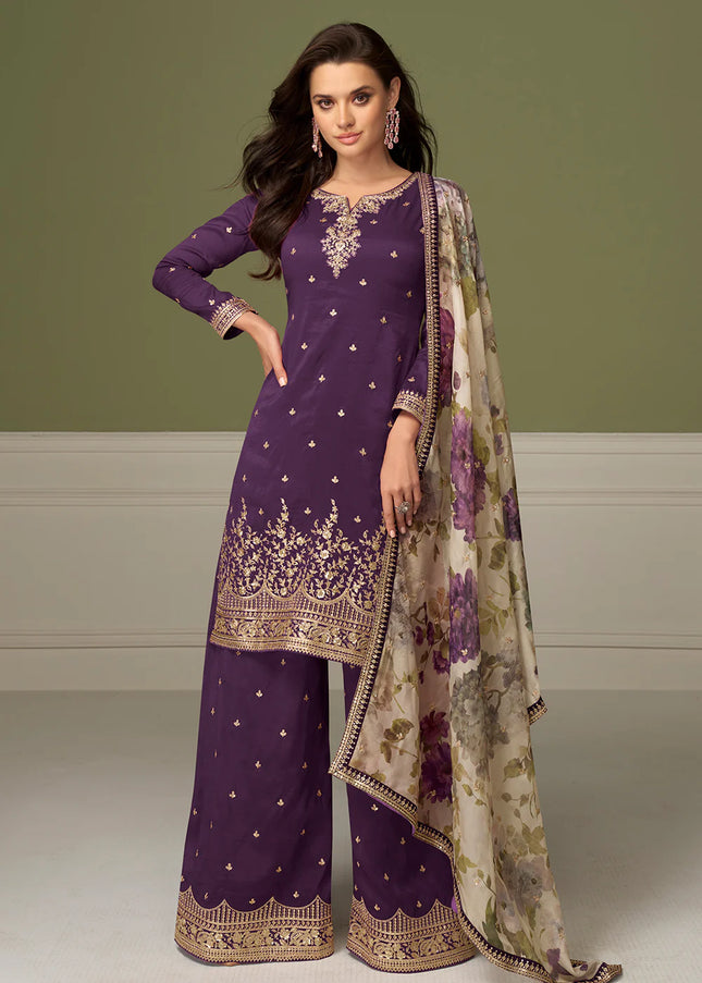 Purple Embroidered Pant Style Suit