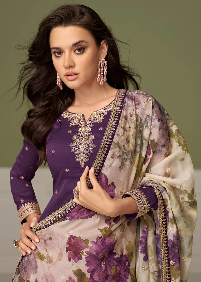 Purple Embroidered Pant Style Suit