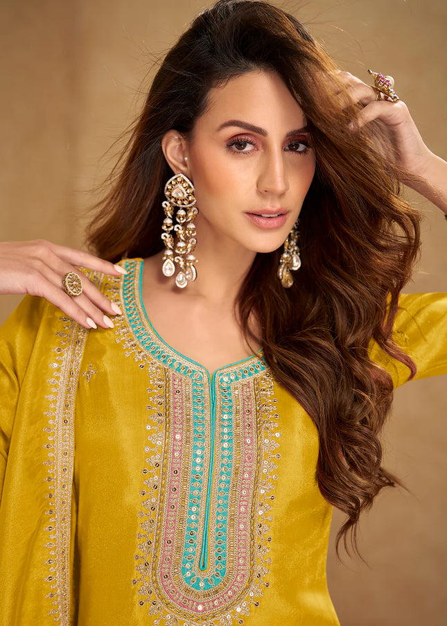 Yellow Embroidered Pant Style Suit