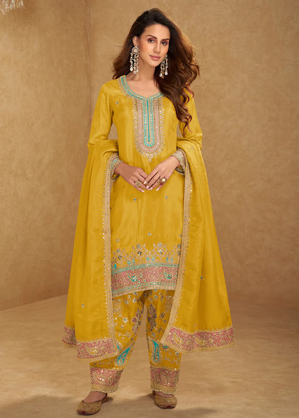 Yellow Embroidered Pant Style Suit