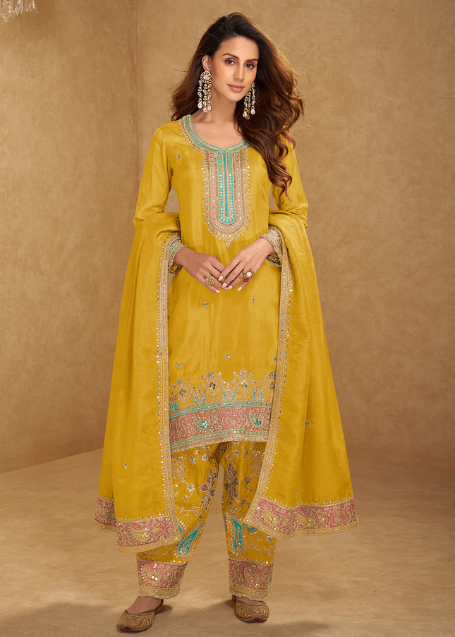 Yellow Embroidered Pant Style Suit