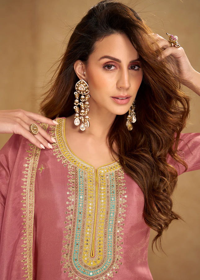 Pink Embroidered Pant Style Suit