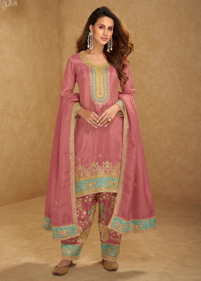 Pink Embroidered Pant Style Suit