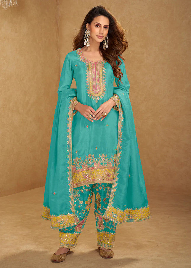 turquoise Embroidered Pant Style Suit