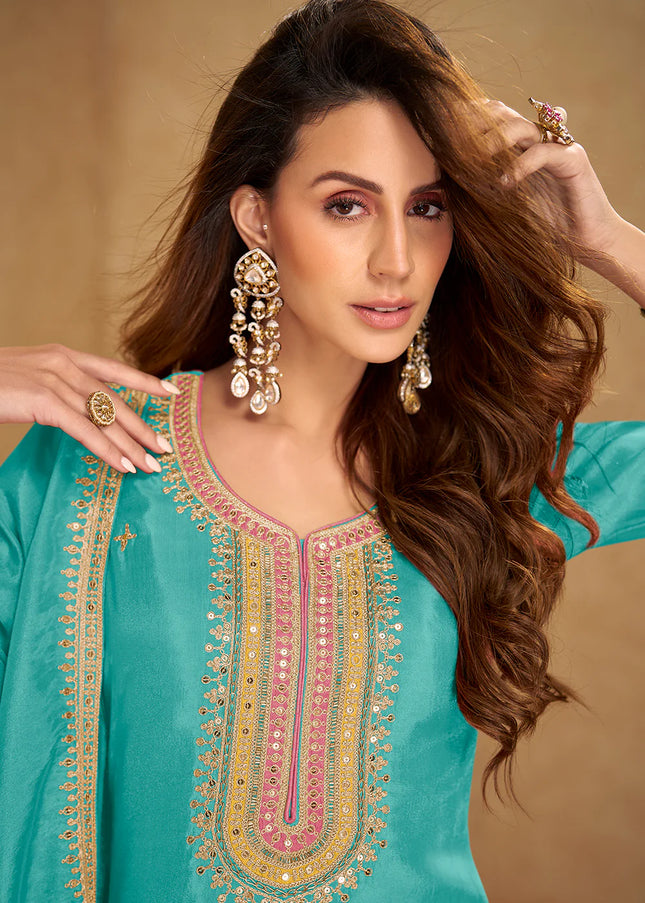 turquoise Embroidered Pant Style Suit