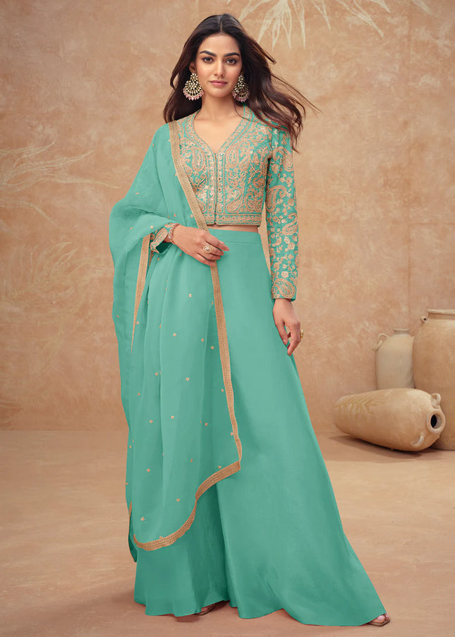 Turquoise Embroidered Sharara Suit