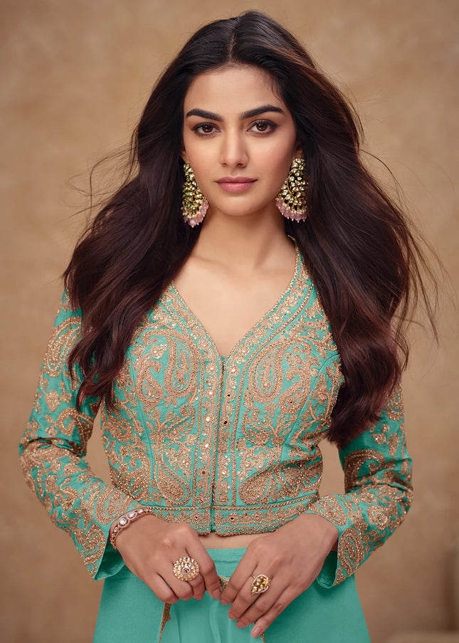 Turquoise Embroidered Sharara Suit