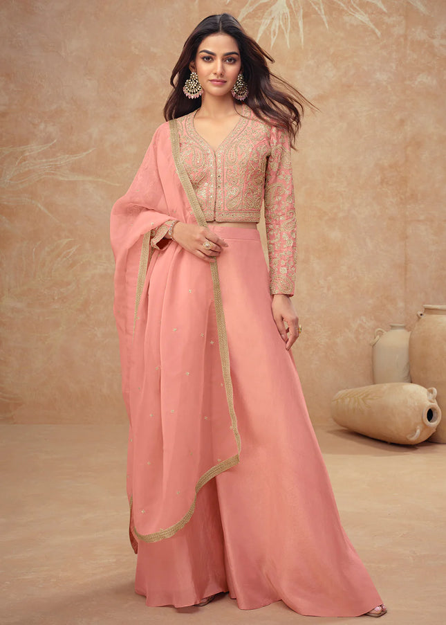 Peach Embroidered Sharara Suit