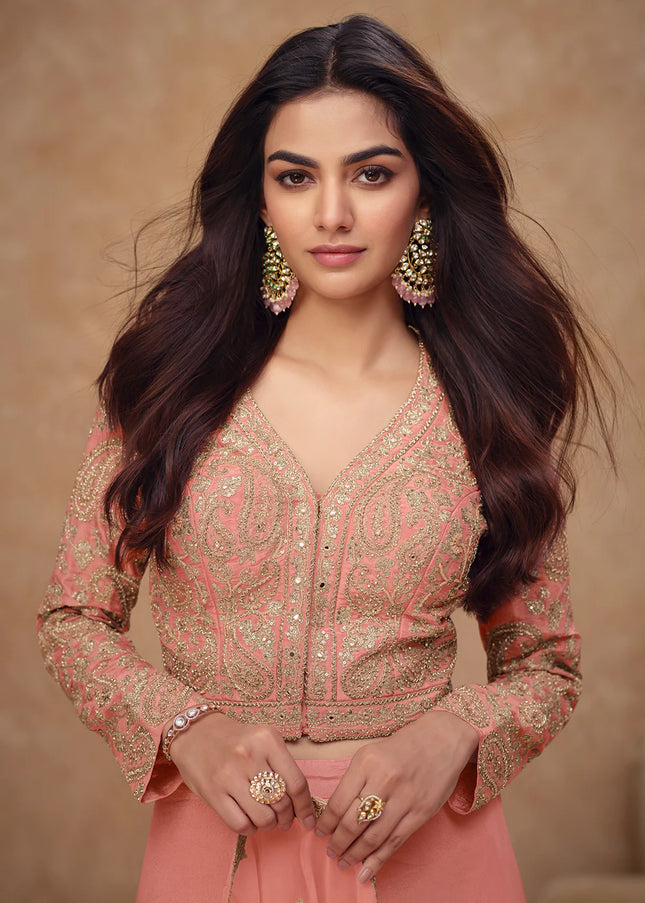 Peach Embroidered Sharara Suit